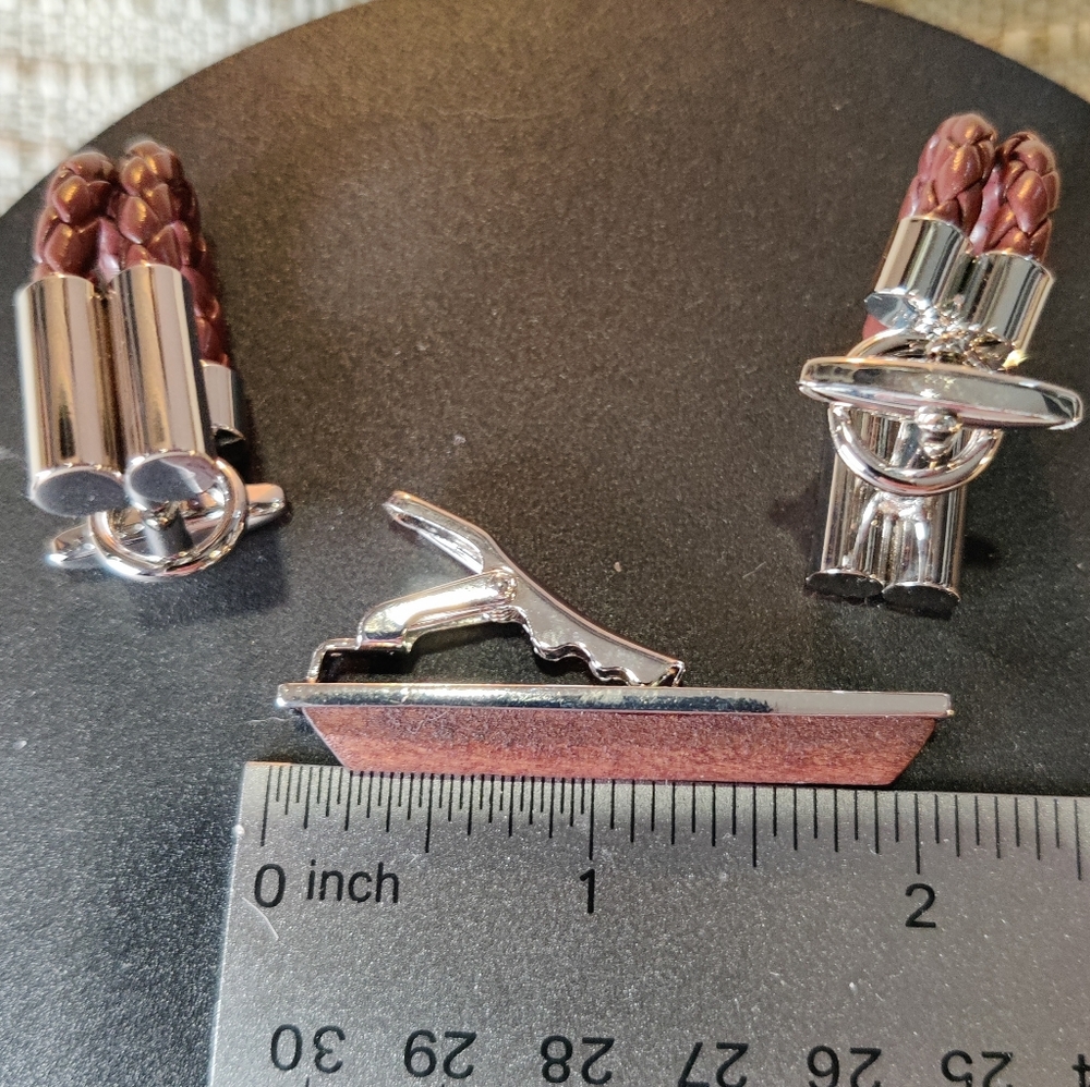 Leather-Look Cuff Links & Wood Tie Clip